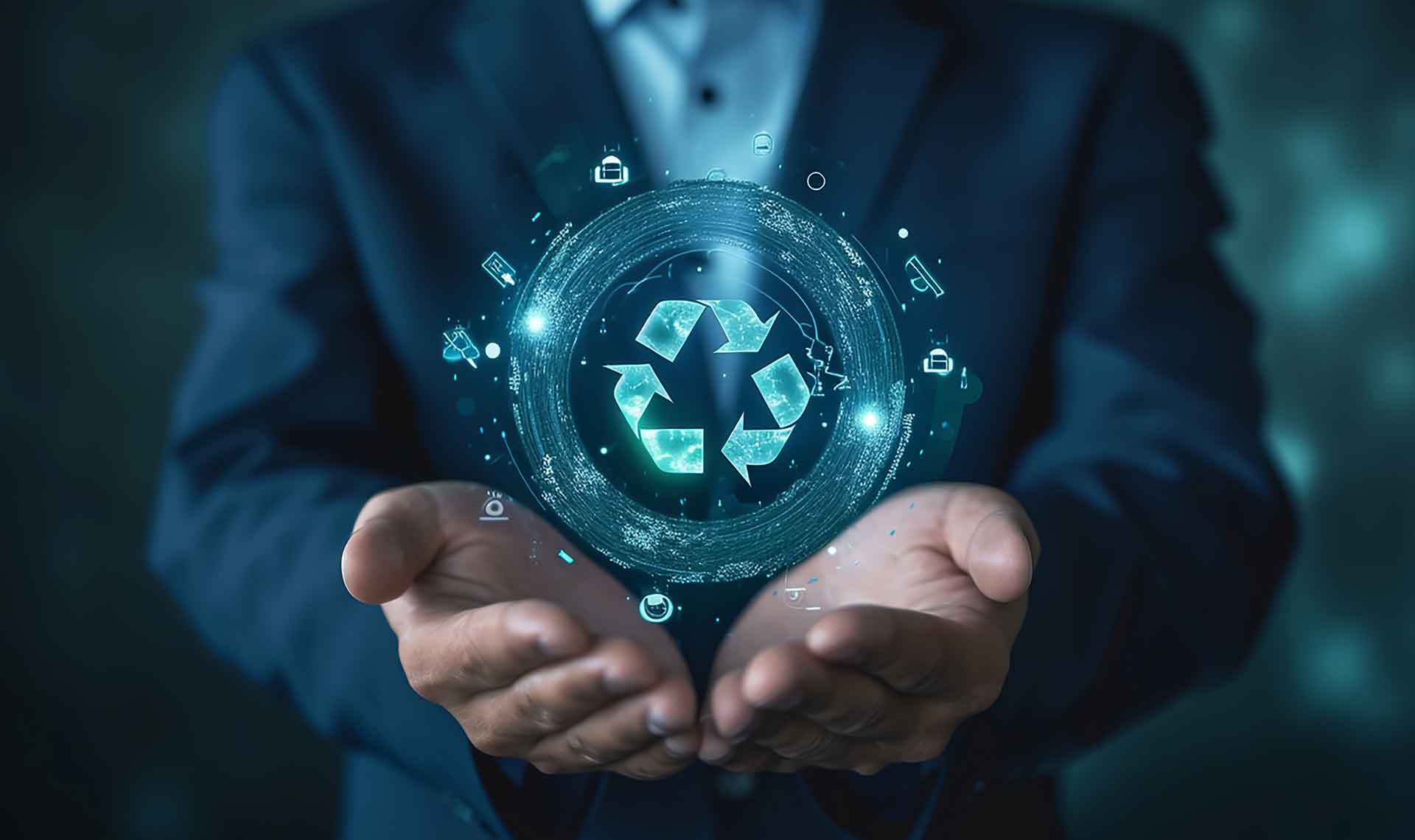 Hand holding recycling icon with digital elements