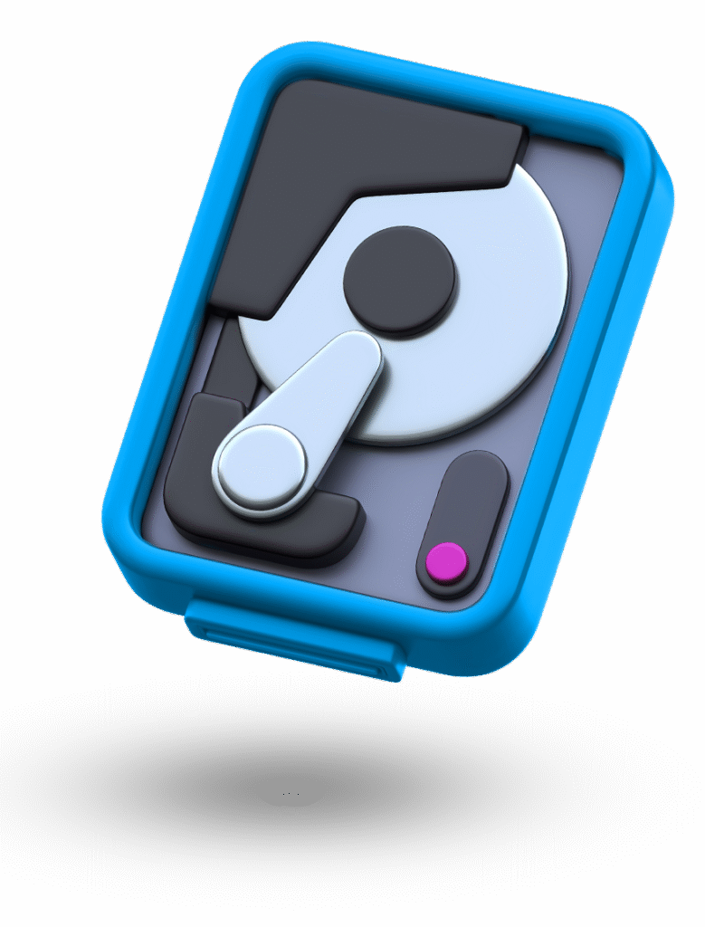 Harddrive_Floating Illustration of a stylized hard drive with a blue casing, representing secure data destruction and certified data erasure services by Astralis Technology.