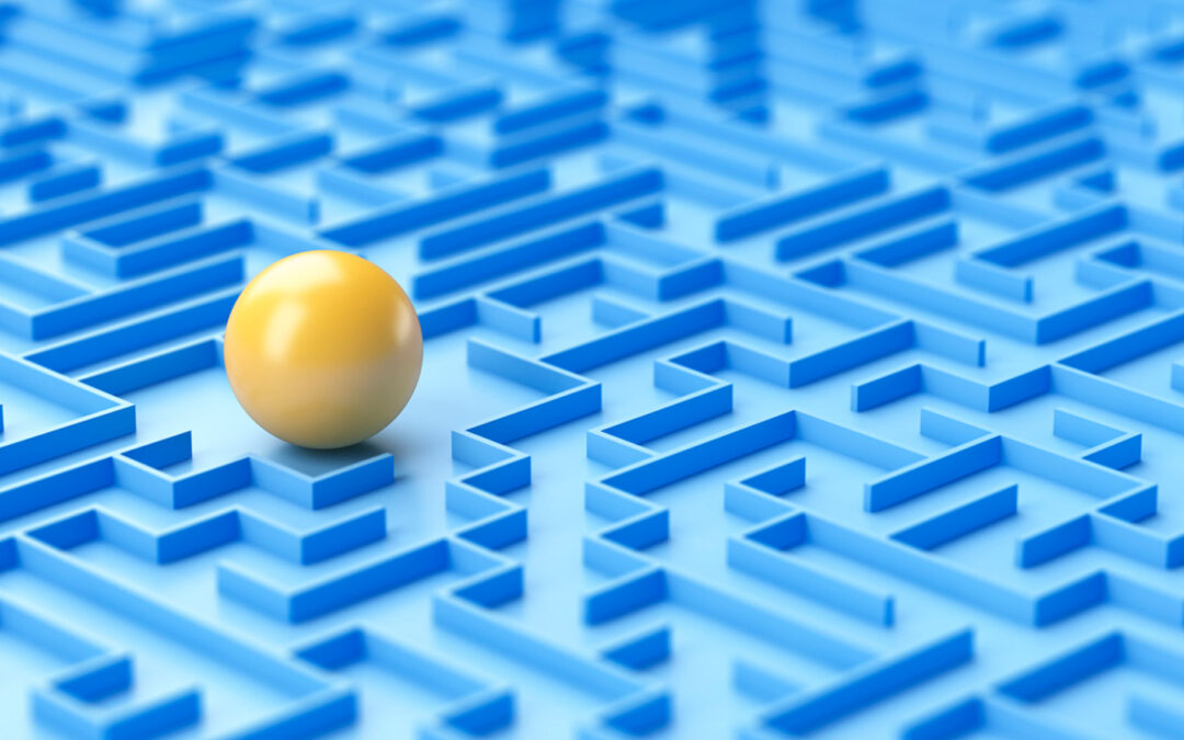 Yellow Ball In Blue Maze SHowing Strategy, Abstract, Leadership