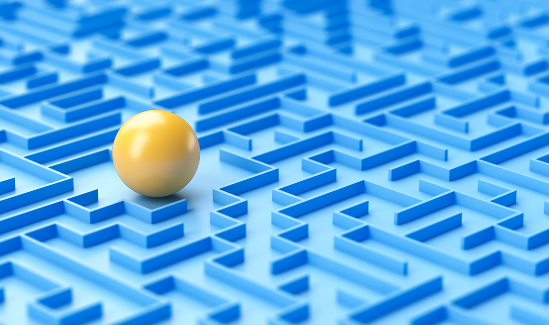 Yellow Ball In Blue Maze SHowing Strategy, Abstract, Leadership