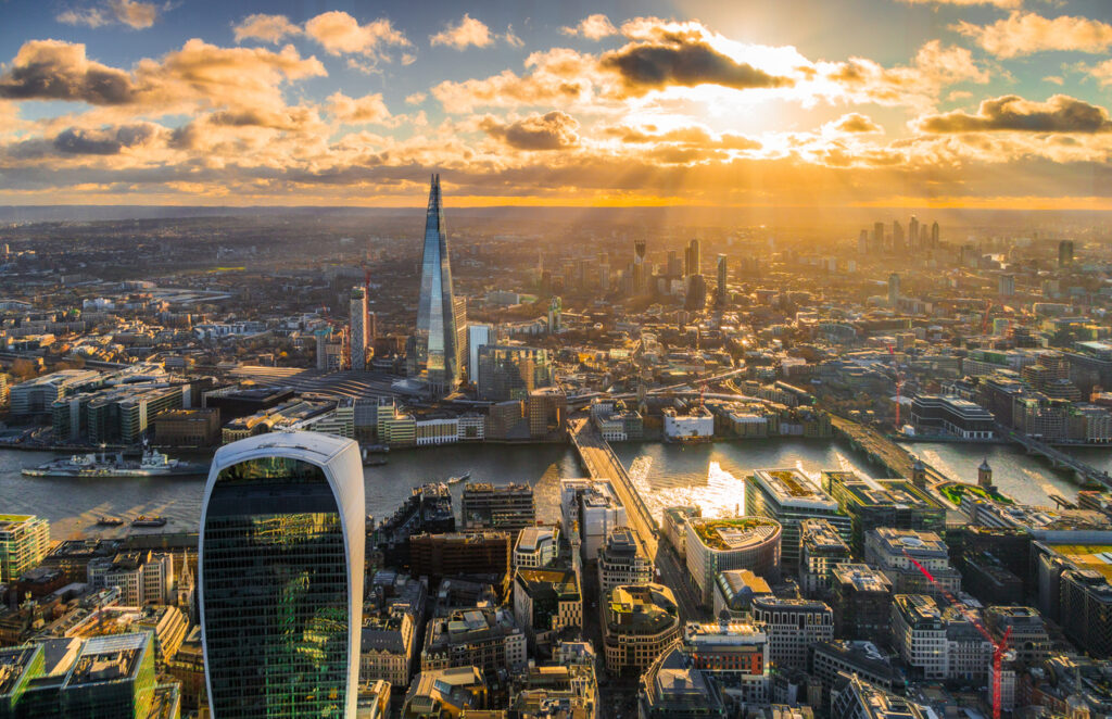 Aerial view of central London skyline at sunset, representing business infrastructure and secure IT asset disposal across the capital