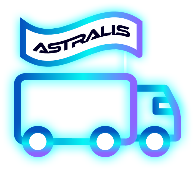 Truck with "Astralis" logo and flag, symbolizing secure data destruction and collection services.
