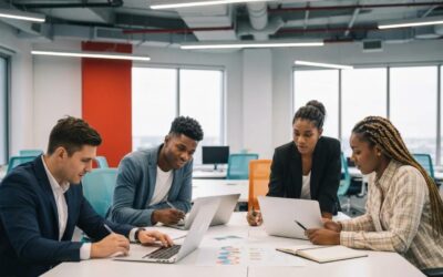 Group of professionals collaborating at a modern workspace, discussing IT asset disposal strategies and sustainability initiatives.