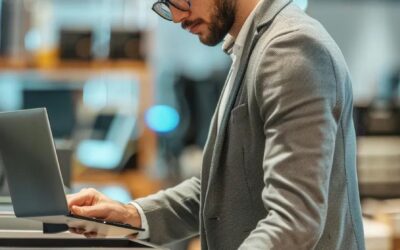 Man in a grey suit using a laptop in a modern office setting, illustrating IT asset management and technology solutions relevant to Astralis Technology's ITAD services.