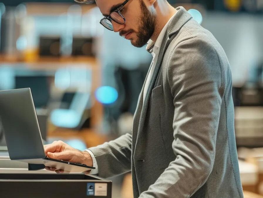 Man in a grey blazer using a laptop in a modern office environment, emphasizing IT asset management and compliance in the context of secure IT asset disposal.