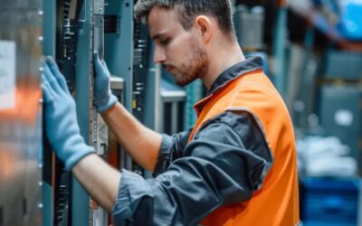 Man in an orange safety vest and gloves inspecting IT equipment in a warehouse, reflecting Astralis Technology's focus on IT asset disposal and sustainability practices.