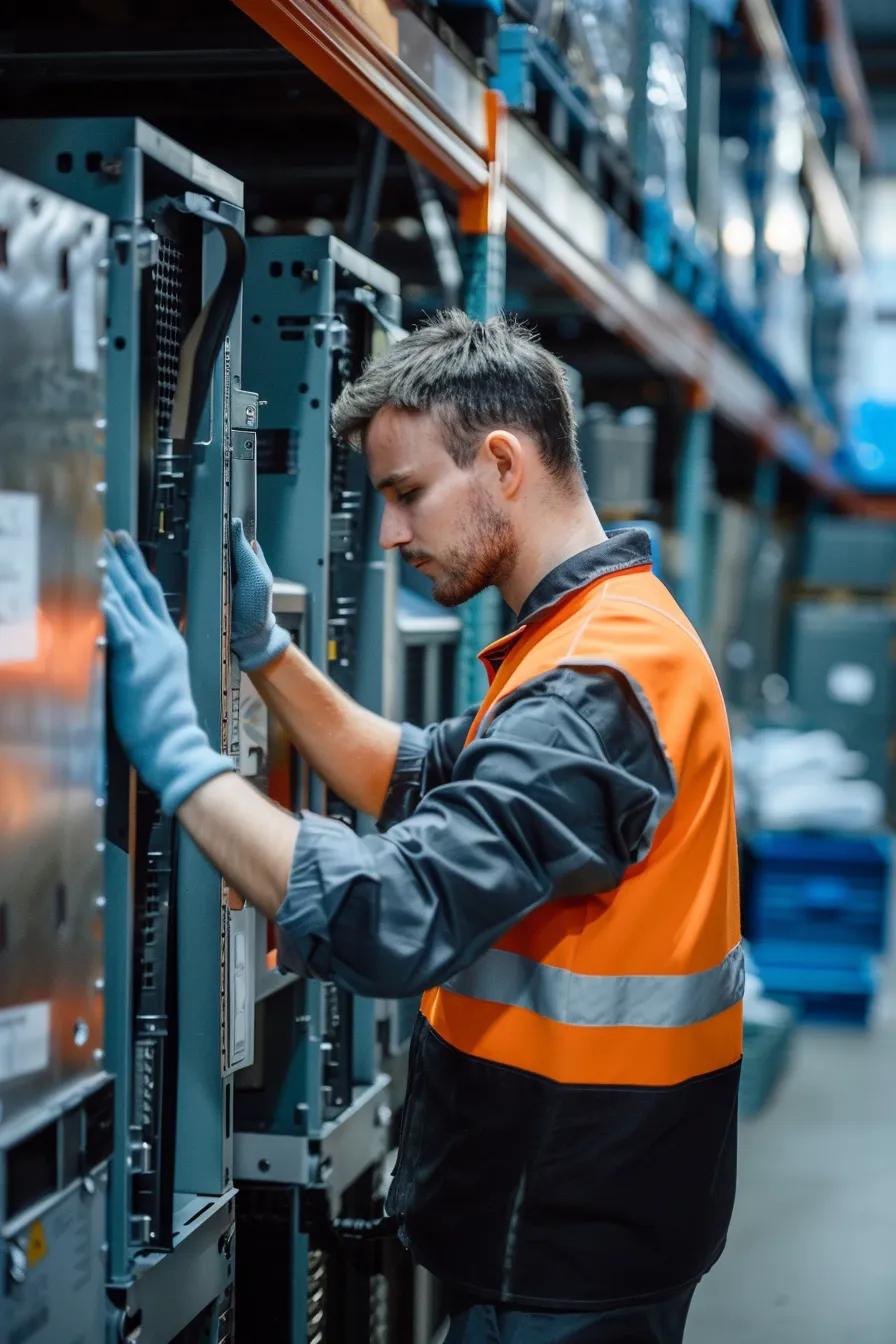 Worker in high-visibility vest inspecting IT equipment in a warehouse, emphasizing secure IT asset disposal for GDPR compliance.