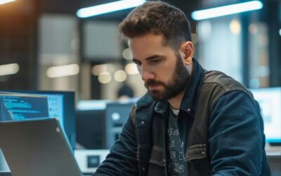 Man working on a laptop in a modern office environment, highlighting IT asset management and technology innovation related to ITAD services.