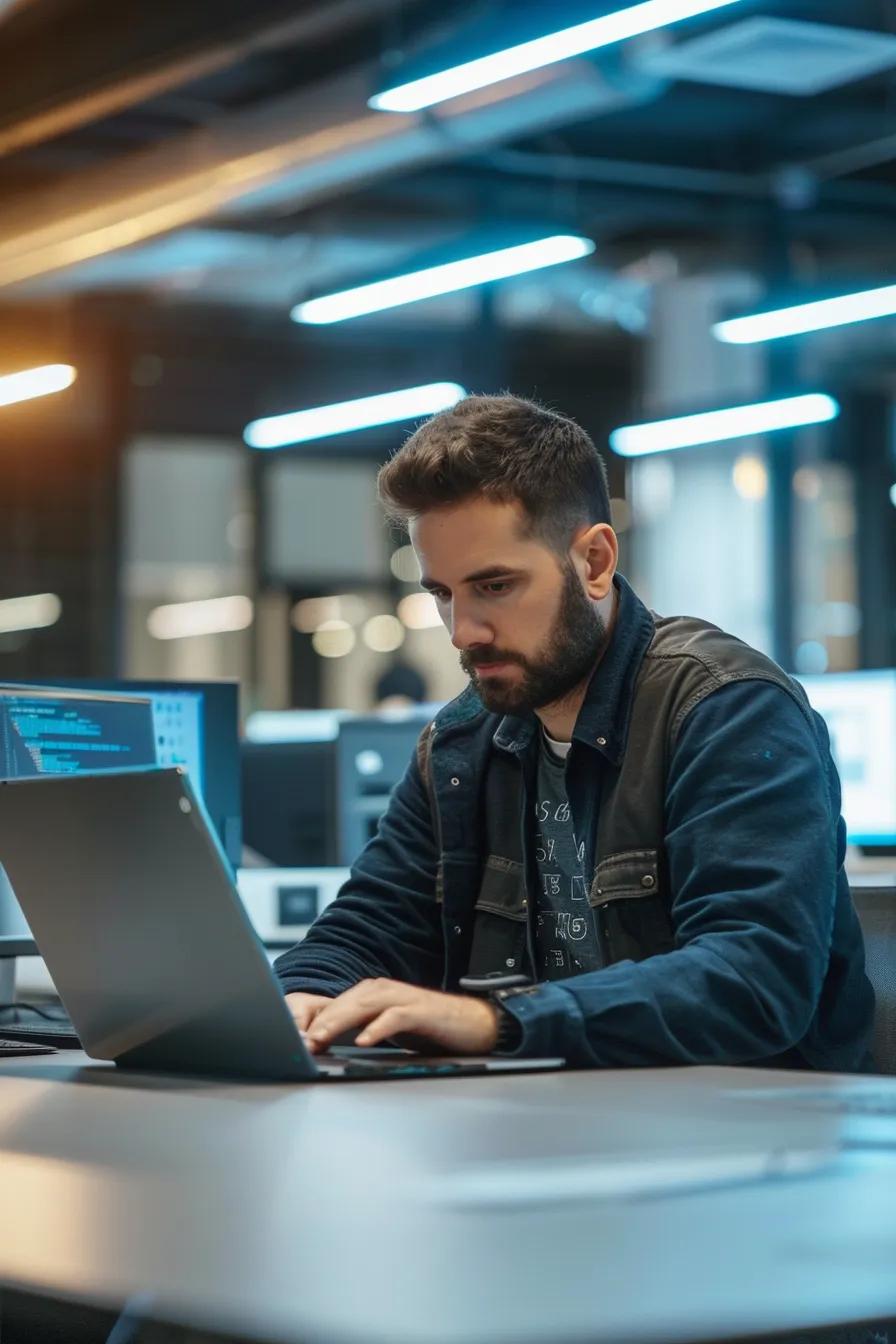 Man working on laptop in modern office environment, focused on IT asset management and data security, relevant to IT asset disposal services.