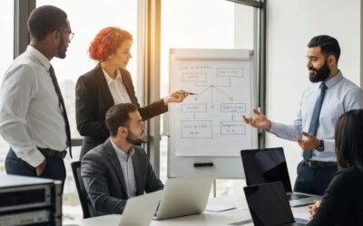 Business team discussing IT asset disposition strategies in a modern office setting, with a presenter pointing at a whiteboard diagram and colleagues engaged in conversation.