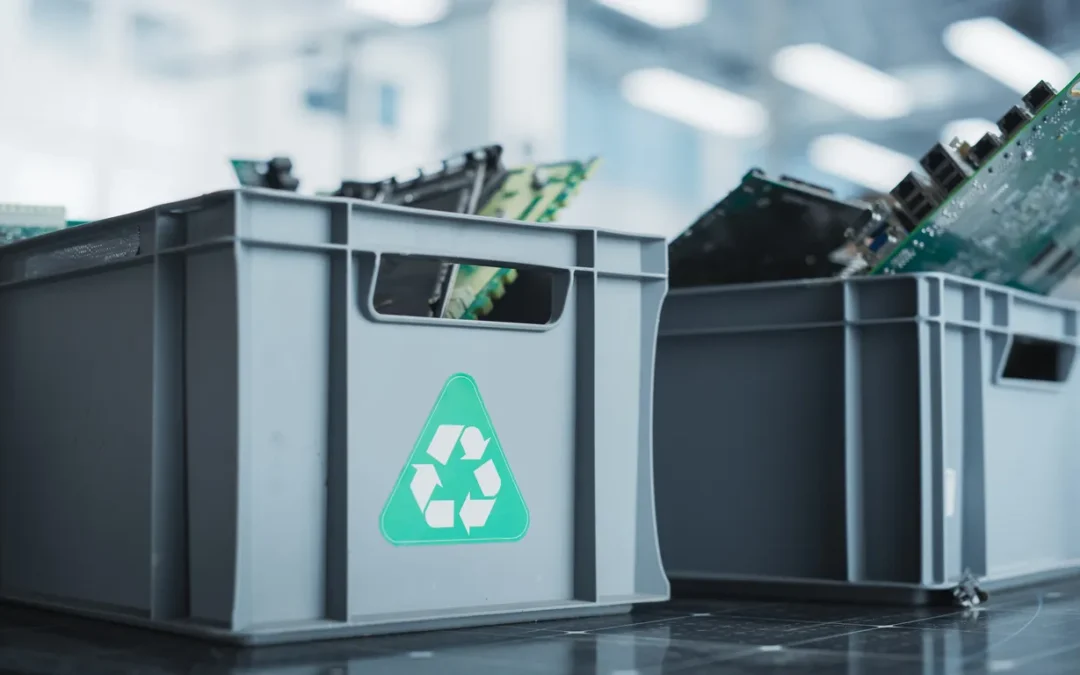 Grey recycling bins filled with electronic circuit boards, emphasizing sustainable IT asset disposal practices in a modern workspace.