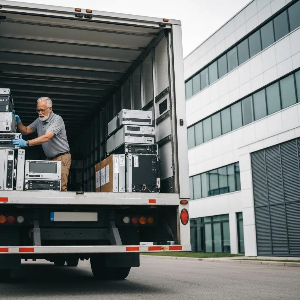Man loading IT equipment into a truck, emphasizing secure IT asset disposal for compliance and value recovery.