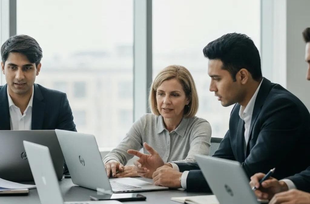 Business meeting with diverse professionals discussing IT asset disposal strategies, collaborating over laptops in a modern office setting.