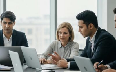 Business meeting with diverse professionals discussing IT asset disposition strategies, featuring laptops and a modern office setting.