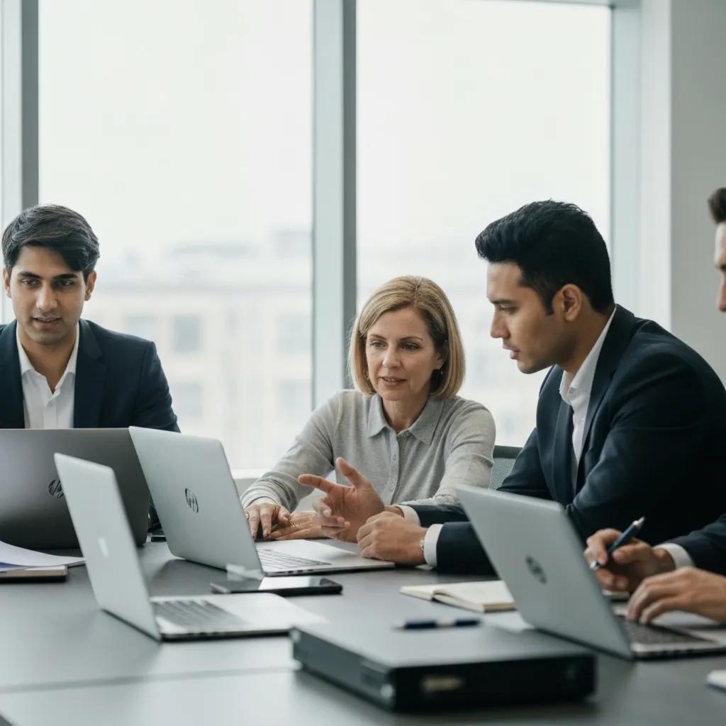 Business meeting with professionals discussing IT asset disposal strategies, laptops on table, and collaborative atmosphere.