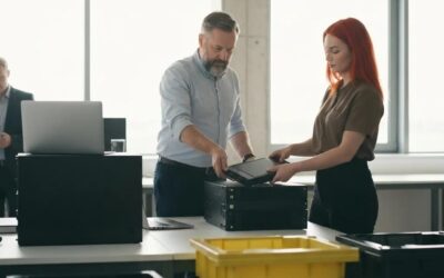 Man and woman handling IT equipment for secure asset disposition in a modern office setting, highlighting ITAD practices and sustainability efforts.