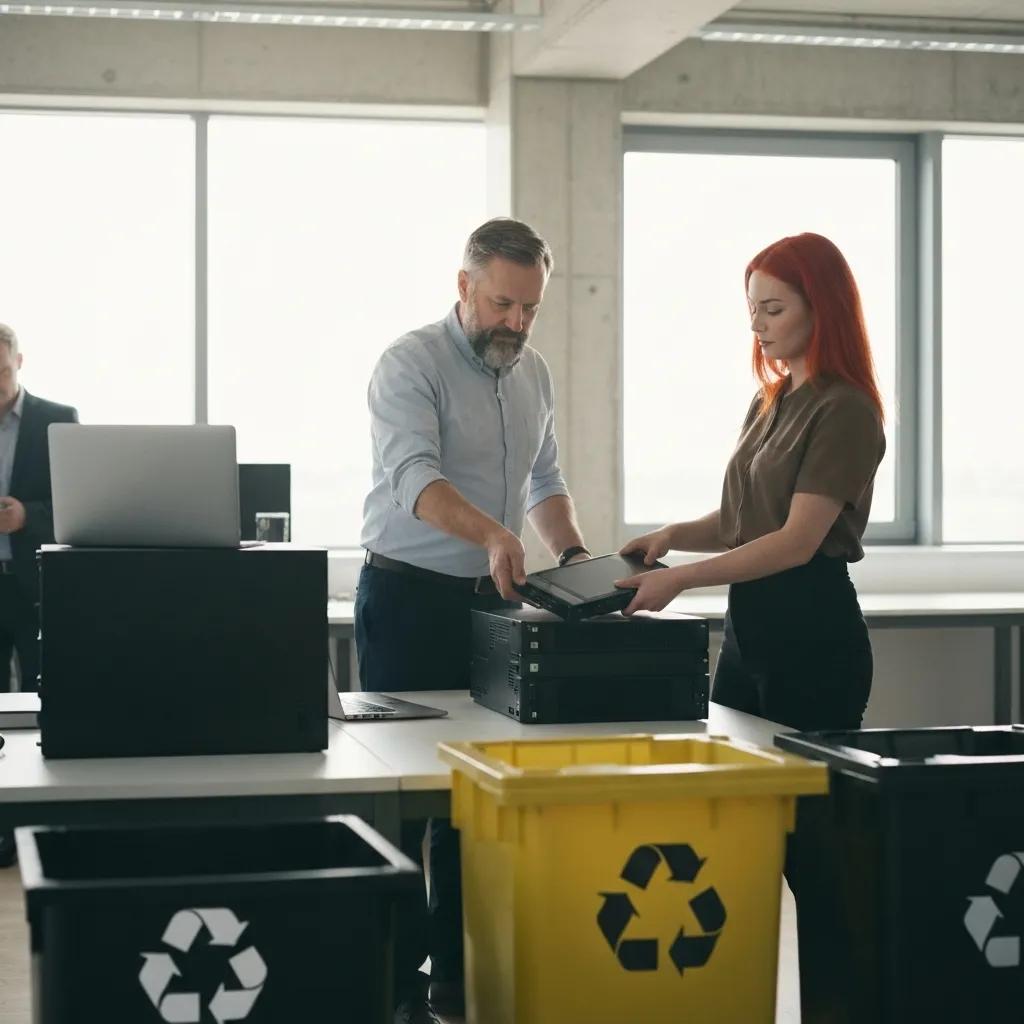 Man and woman handling IT equipment for secure asset disposition in an office setting, with recycling bins in the foreground, emphasizing responsible e-waste management and data security practices.