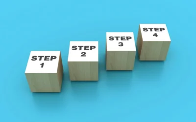 Four wooden blocks labeled "STEP 1," "STEP 2," "STEP 3," and "STEP 4" on a blue background, representing the IT asset disposal process for UK organisations.