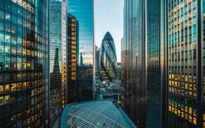 City skyline featuring modern skyscrapers and the iconic Gherkin building, representing London's business environment relevant to IT asset management and disposal.
