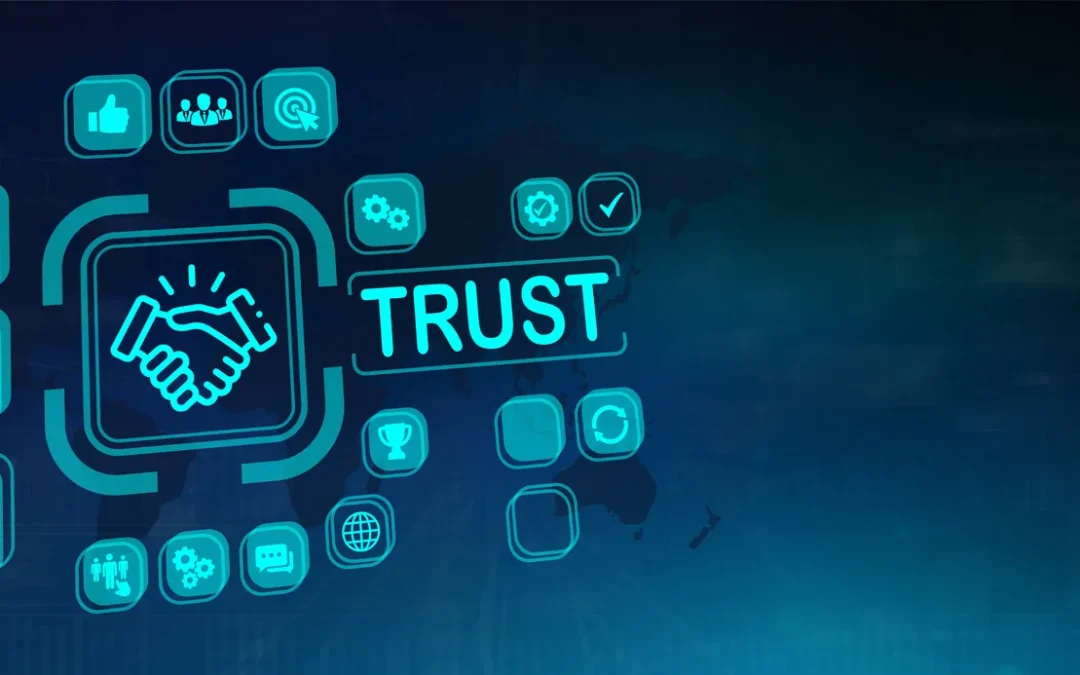 Handshake icon symbolizing trust surrounded by digital interface elements, emphasizing secure data management and IT asset disposal.