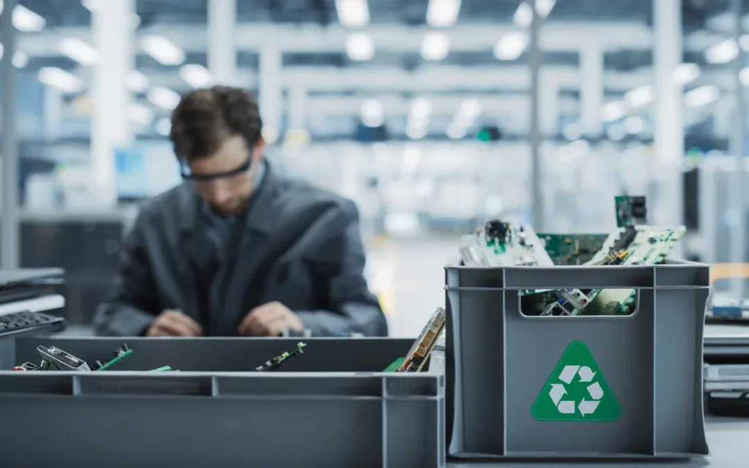 Technician working in a facility with IT equipment ready for recycling, illustrating responsible IT asset disposal and e-waste processing.