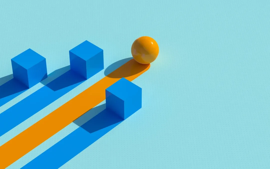Abstract geometric composition featuring a yellow sphere rolling along an orange path, flanked by three blue cubes casting shadows, symbolizing innovation and strategic movement in IT asset disposition.