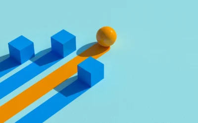Abstract illustration of a yellow sphere rolling along an orange path with blue cubes, symbolizing IT asset disposition (ITAD) processes and compliance in technology.