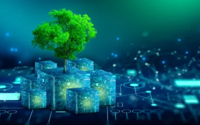 Tree growing from digital blocks representing sustainable IT asset disposition and eco-friendly solutions in technology.