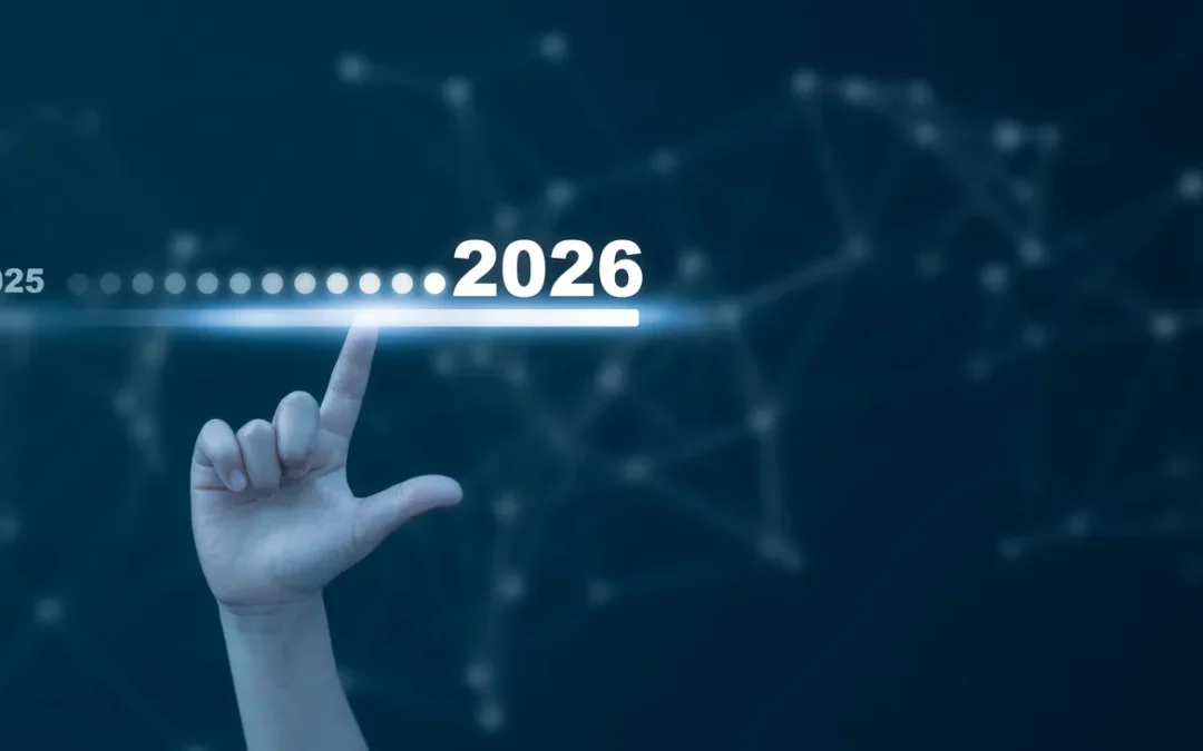 Hand pointing towards the year 2026 on a digital timeline, symbolizing the future of IT asset disposal and data protection strategies for 2026.