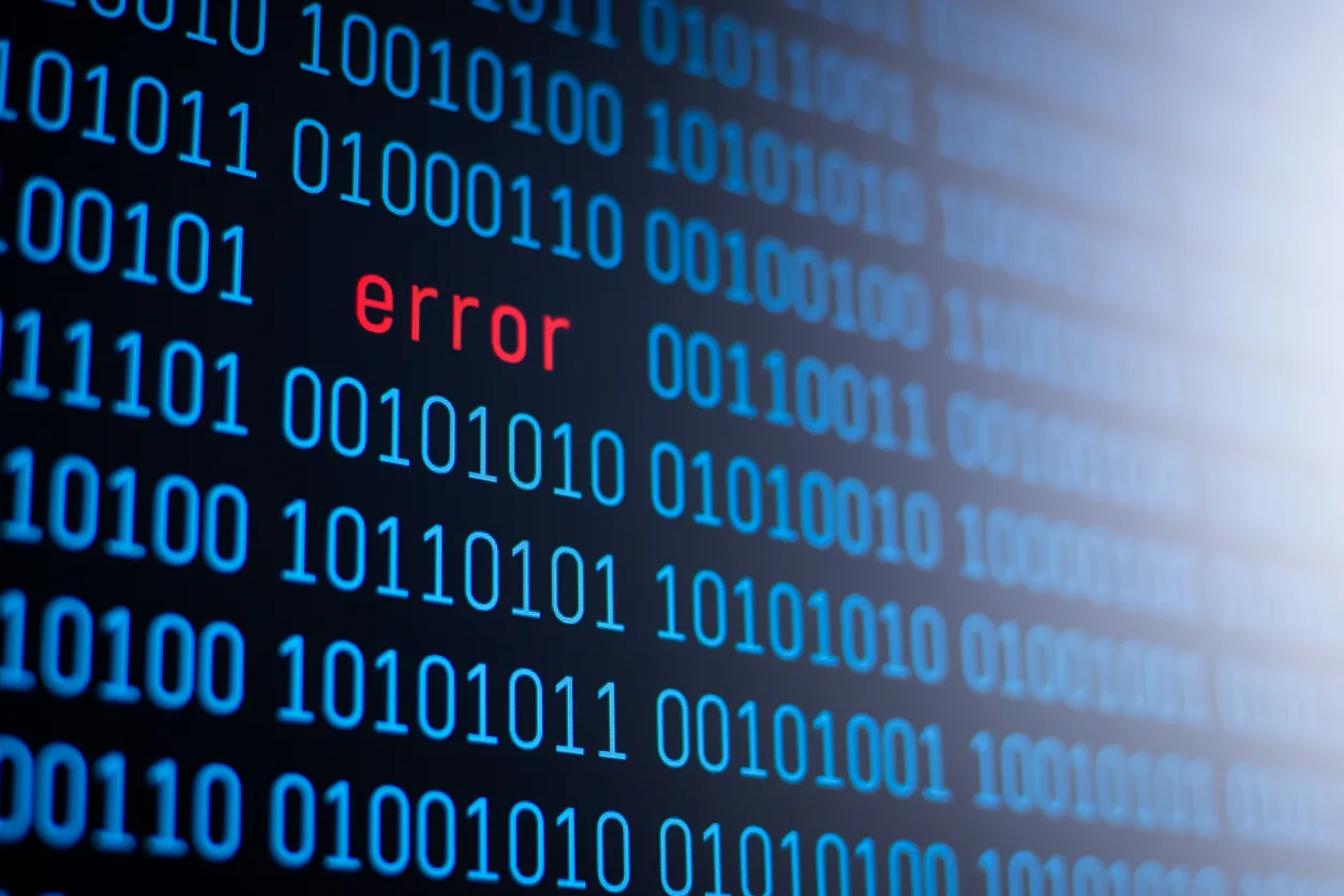 Binary code with the word "error" highlighted in red, representing data issues relevant to IT asset management and compliance.