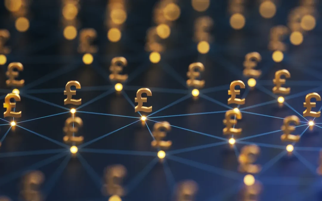Golden pound symbols interconnected by lines on a dark background, representing financial networks and value recovery in IT asset disposal.