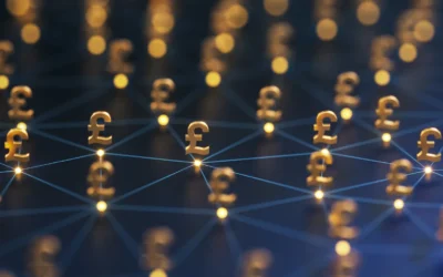 Golden pound symbols on a digital network background, representing financial services and IT asset disposal in the UK.