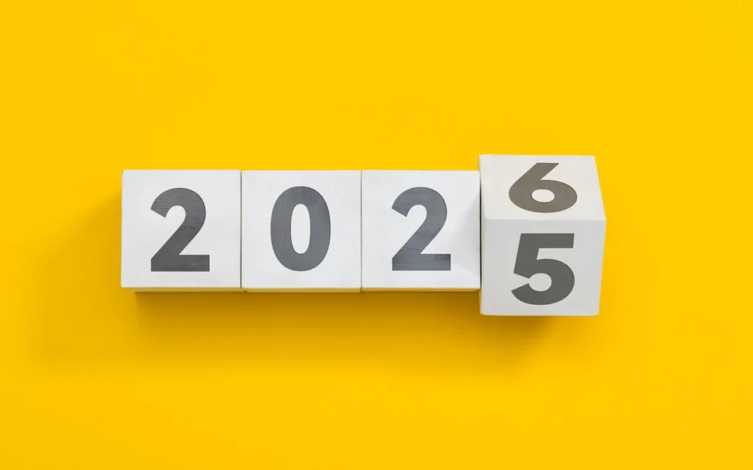 2026 and 2025 displayed on white blocks against a yellow background, symbolizing the upcoming year relevant to hardware decommissioning services in the UK.