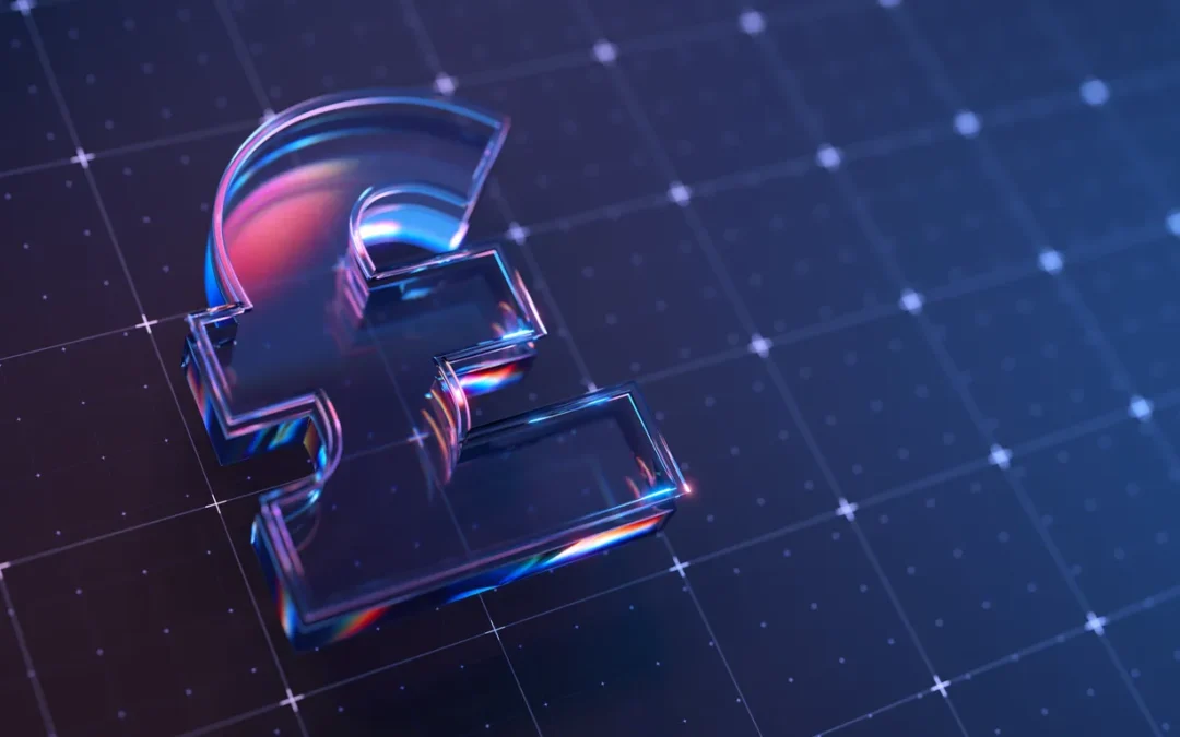 3D crystal-like pound sterling symbol on a digital grid background, representing financial value in IT asset disposal.