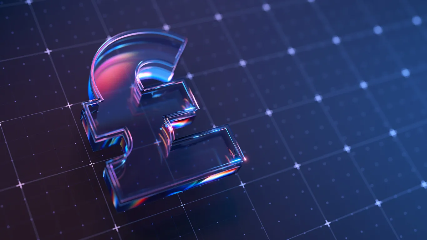 Stylized glass £ symbol on a digital grid background, representing financial value in the context of IT asset resale and secure technology disposal.