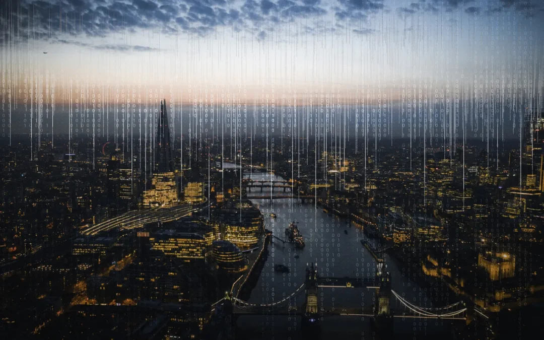 London skyline at dusk with illuminated buildings and the River Thames, overlaid with binary code, symbolizing IT and data management in a secure and compliant context for IT asset disposal.