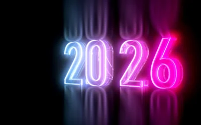 Neon representation of the year 2026, featuring glowing blue and pink numbers, symbolising future trends in IT asset disposition and technology.