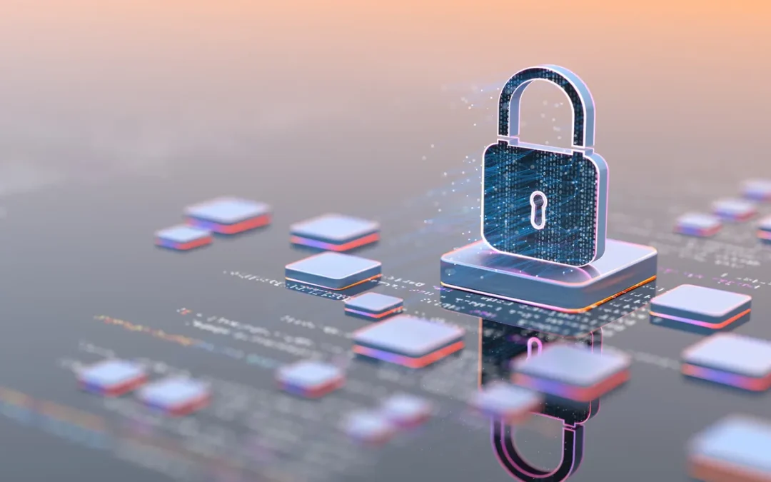 3D digital padlock surrounded by data elements, illustrating secure data erasure and certified IT asset disposal in the UK