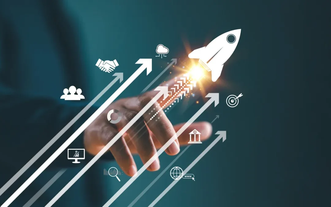 Hand launching a digital rocket surrounded by technology icons, representing innovation, IT transformation and high-performing teams accelerating secure ITAD processes.
