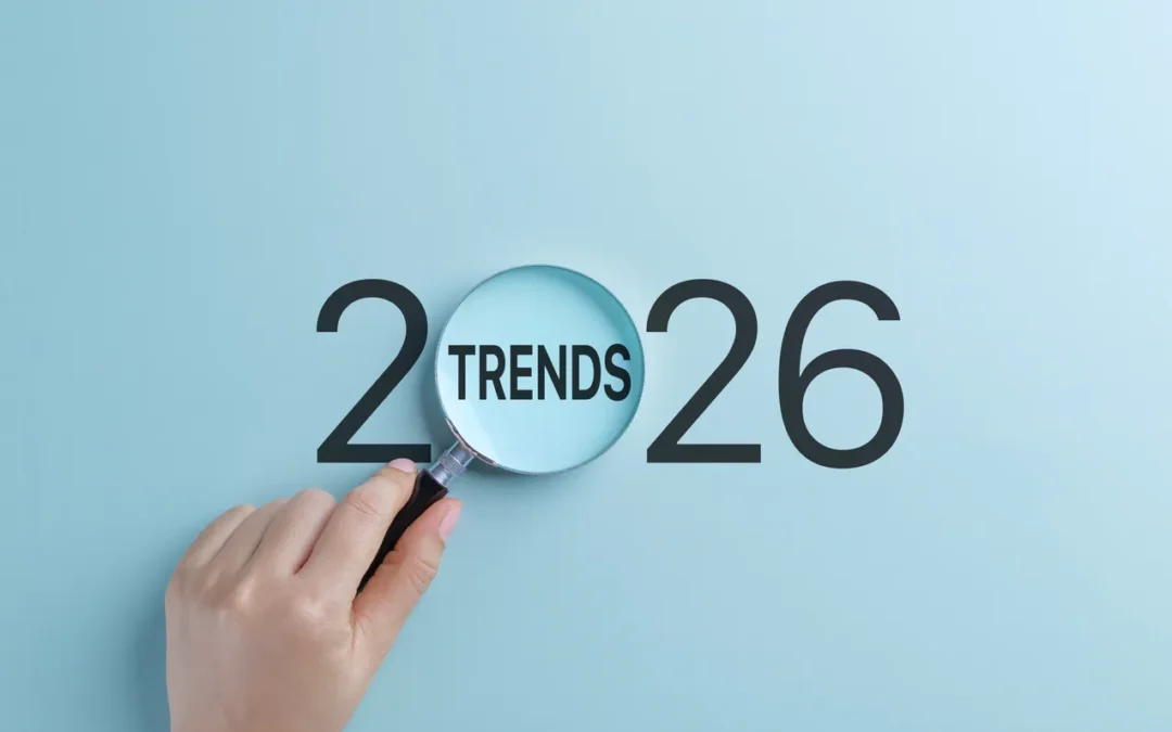 Magnifying glass highlighting the word ‘Trends’ within the year 2026, symbolising emerging ITAD trends and future-focused changes in secure hardware disposal.