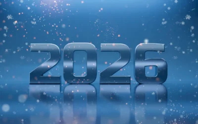 2026 in metallic numbers with a blue background and snowflakes, symbolising the upcoming year in the context of IT asset disposition and sustainability insights.