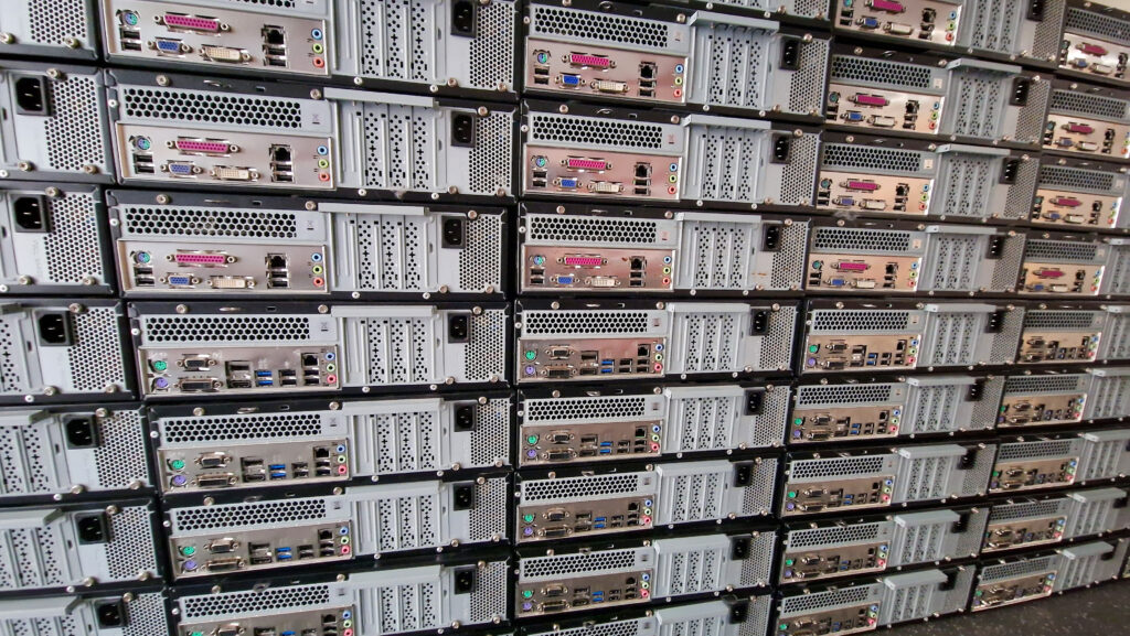 Surplus desktop computers awaiting assessment during an office relocation project