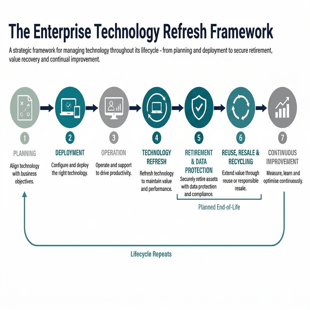 The Enterprise Technology Refresh Framework showing the seven stages of an enterprise technology lifecycle from planning through secure retirement, reuse and continual improvement.